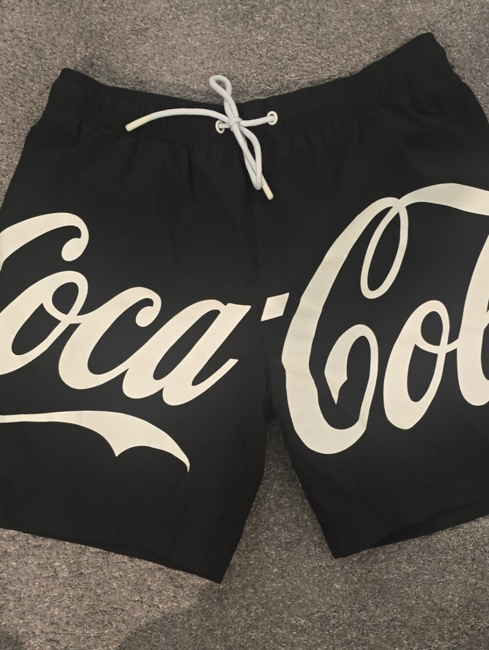 Pacsun Coca Cola Black Swim Trunks with White Script Logo